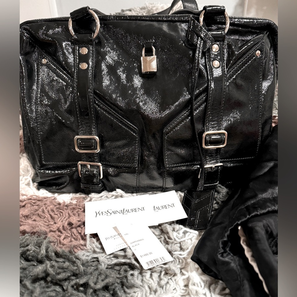 Yves Saint Laurent Shiny Black Shoulder Bag with Silver Accents